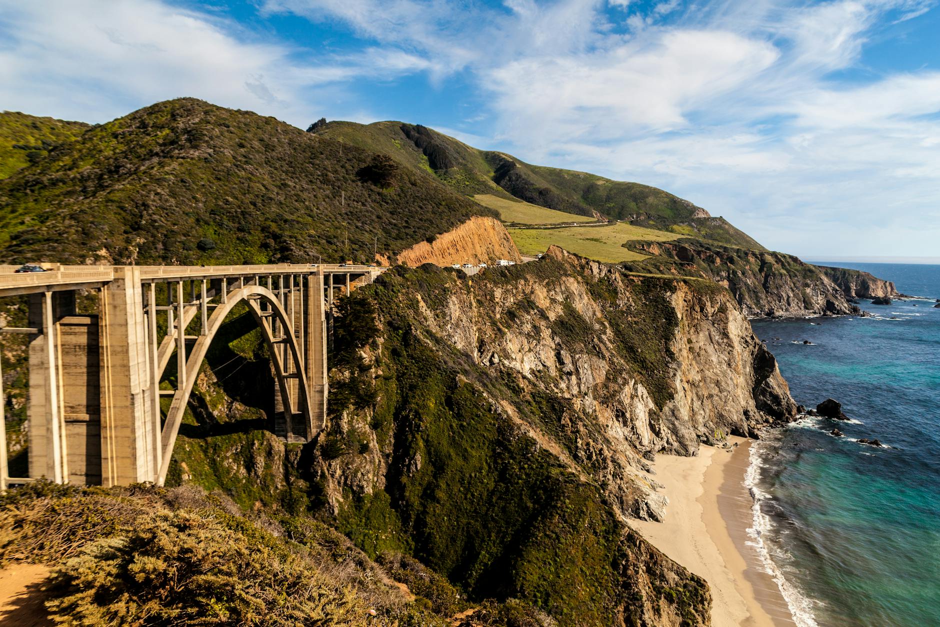 A stunning view of the iconic Bixby Creek Bridge along the rugged California coast.