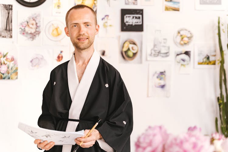 Man Wearing A Black Yukata