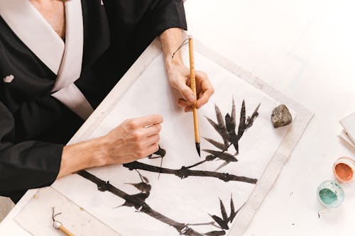 An Artist Using A Bamboo Brush in Painting