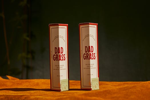 High-quality product shot of Dad Grass CBD packaging with a rustic background.