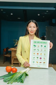 Asian nutritionist presents a low-carb vegetables chart for healthy living.