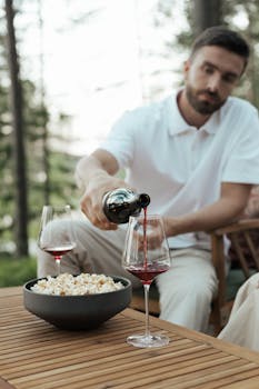 A man pours red wine into a glass outdoors, with popcorn on the wooden table.