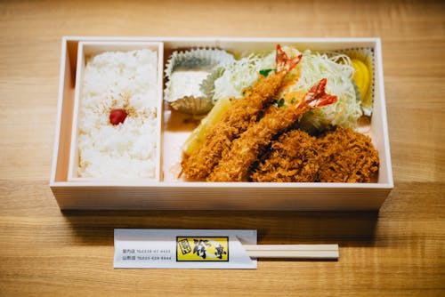 Free Ebi Tempura Bento on Brown Wooden Table Stock Photo