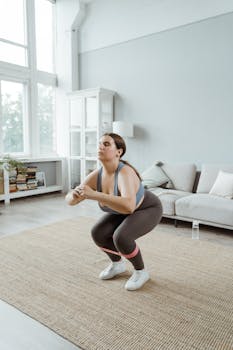 Woman doing squats with a resistance band in a cozy living room setting.