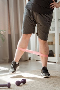 Male doing leg stretches with a resistance band at home, promoting fitness and healthy living.
