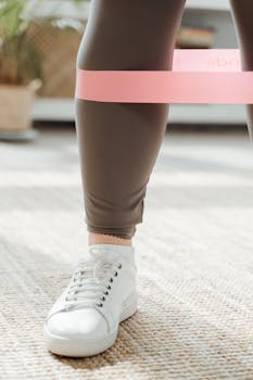 Close-up of woman exercising with a pink resistance band, emphasizing healthy living.
