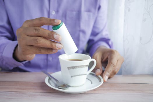 Close-up of a man adding sweetener to a cup of tea, promoting a health-conscious lifestyle.
