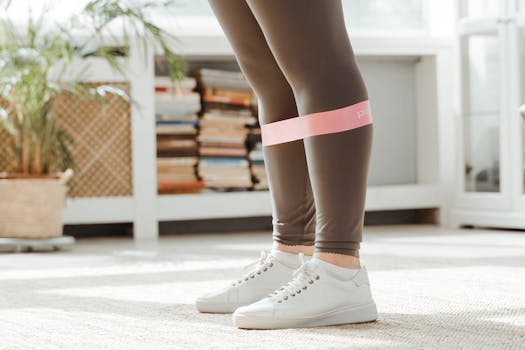 Close-up of a person wearing leggings and sneakers, using a resistance band for exercise indoors.