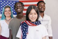 Woman with American Themed Scarf Wrapped Around her Neck