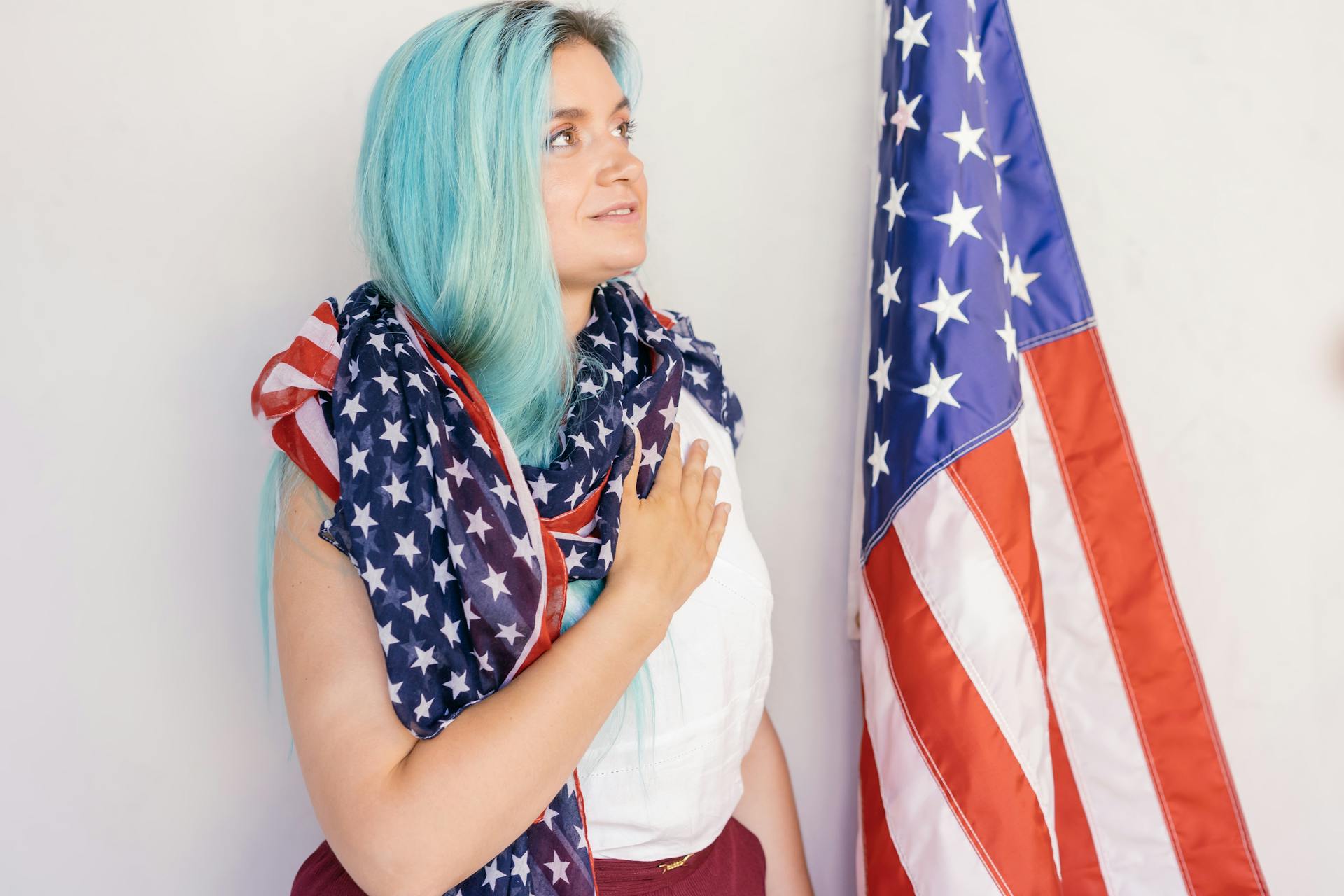 Woman with American Themed Scarf Wrapped Around her Neck