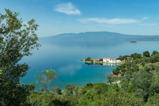 田园诗般的岛屿海岸线绿树成荫，蔚蓝天空下海水平静