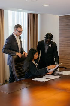 Three professionals engaged in a collaborative meeting, discussing documents in an office setting.