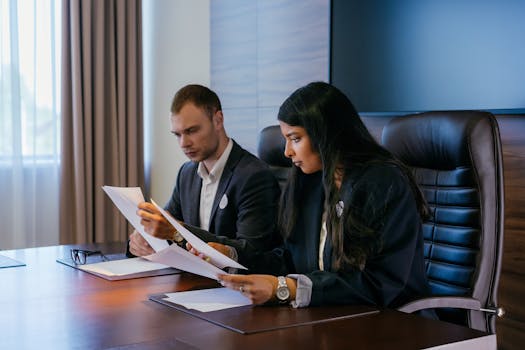 Two business professionals in a conference room engaged in a meeting and document review.