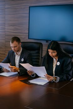 Professional business colleagues reviewing documents in a conference room setting.