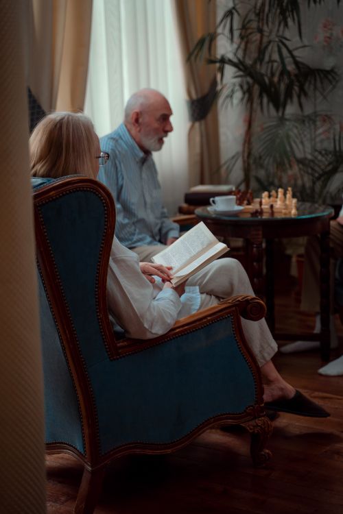 Free An elderly couple relaxing with a book and chess indoors, creating a cozy atmosphere. Stock Photo