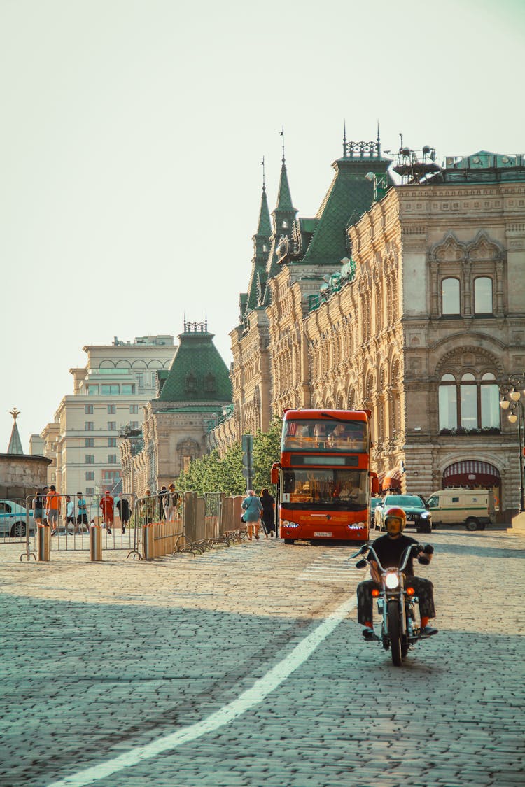 Motorcycle And London Bus On Street