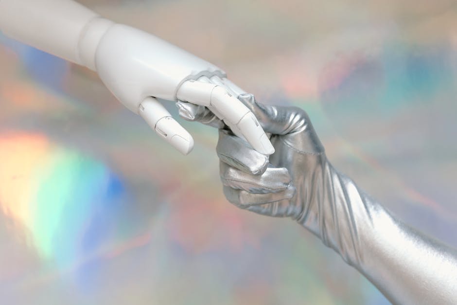 Human and AI collaboration handshake - AI marketing content creation