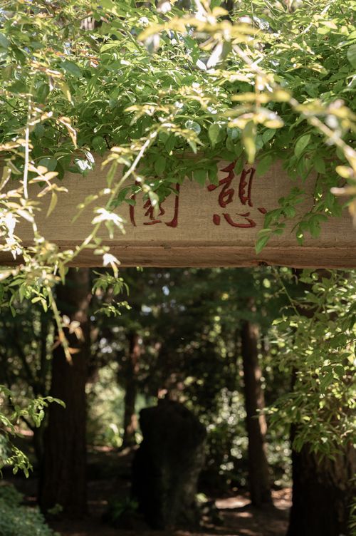 Free A peaceful scene in a Japanese garden, featuring a wooden structure with green foliage. Stock Photo