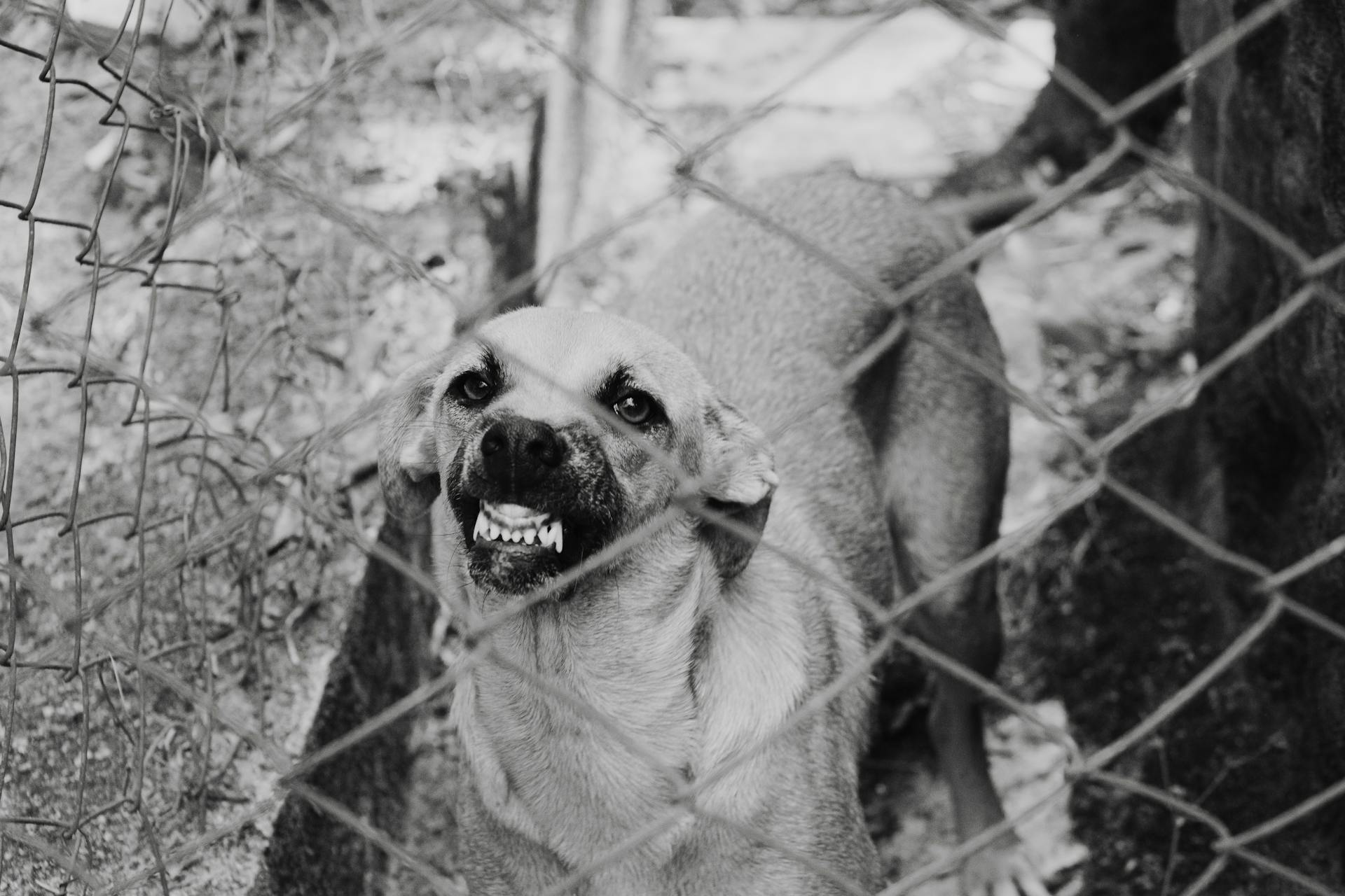 Monochrome Photo of an Angry Dog Near Chain Link Fence