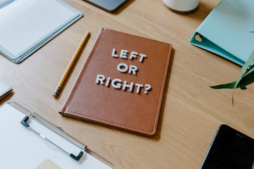 A Text Saying "Left of Right?" Made with Letters Lying on a Notebook on a Desk 