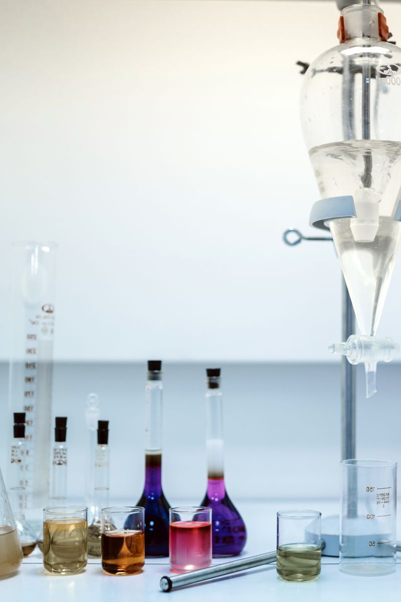 Colorful liquids and various glassware in an organized laboratory setting for scientific experiments.