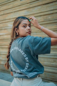Stylish woman with braided hair in a graphic tee posing against a wooden backdrop.