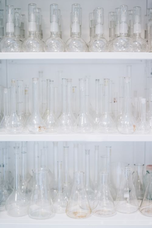 Free Assorted flasks in a laboratory setting showcasing transparent glassware. Stock Photo