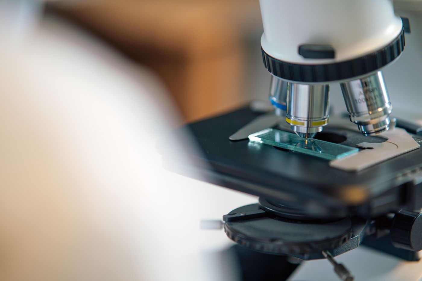 Microscope objective above a stained glass slide