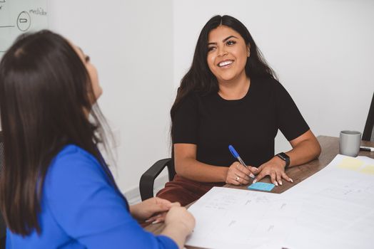 Two women engaging in a friendly office meeting, discussing and planning projects together.
