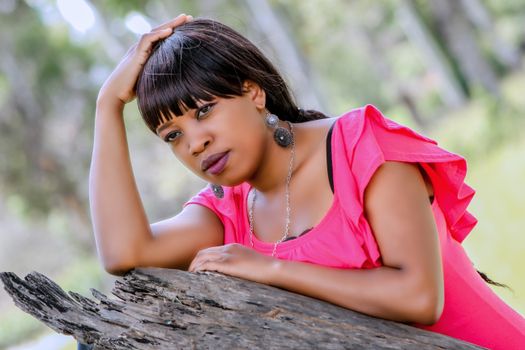 Elegant portrait of a woman posing by a log in an outdoor setting.