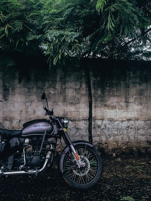 Free A classic motorcycle parked under lush green foliage against a rustic wall. Stock Photo