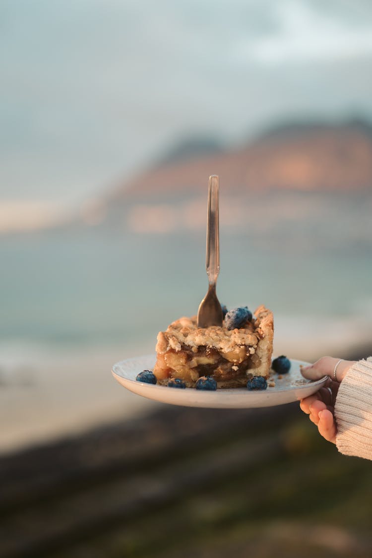 A Person's Hand Holding A Saucer With A Slice Of Pie