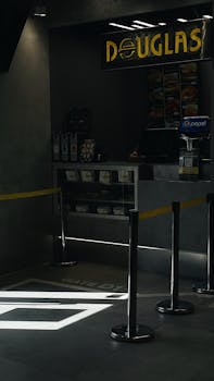 A dimly lit fast food counter in Vladivostok with modern decor and barriers.