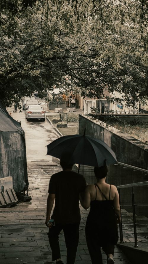 Free Couple walks down a rainy street under an umbrella, trees and parked car in view. Stock Photo