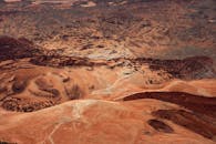 从空中俯瞰，广阔的干旱沙漠峡谷在日光下呈现出鲜艳的红色和橙色色调，景色令人惊叹