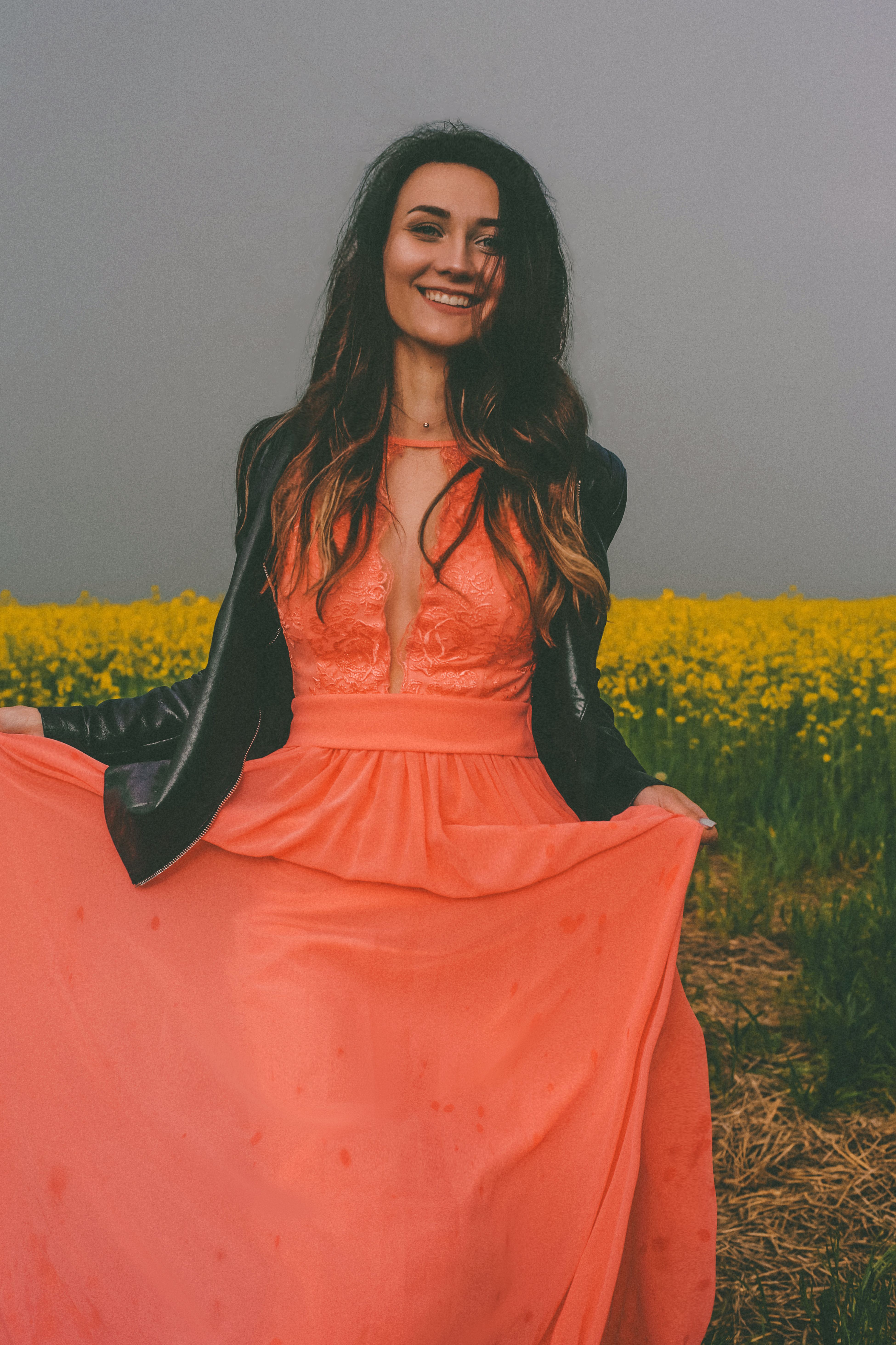 Woman Wearing PInk dress with Black Leather Jacket · Free Stock Photo