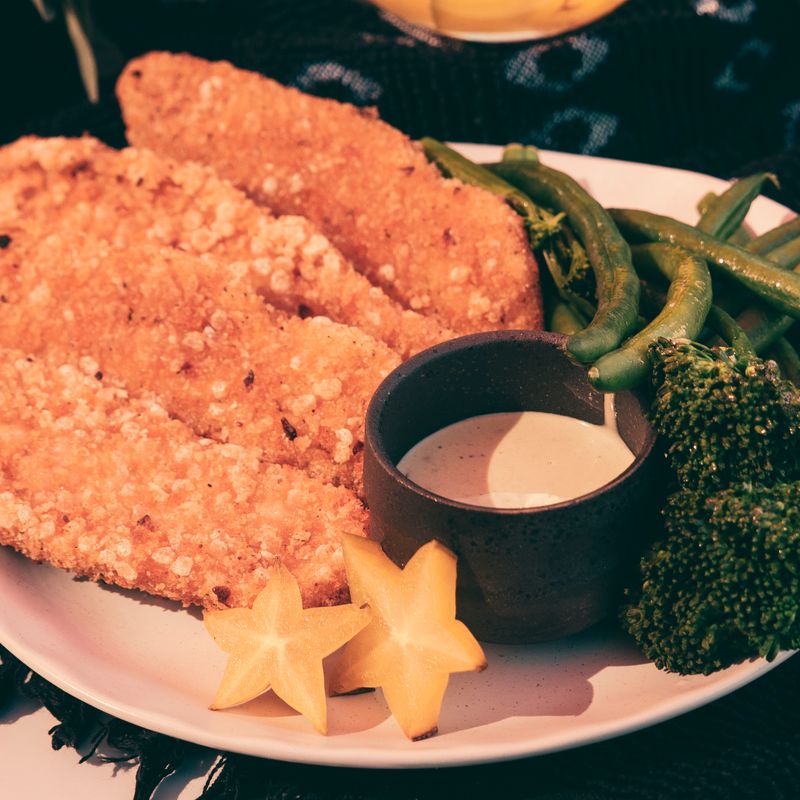 Air Fryer Charred Broccoli with Crispy Panko Parmesan Dip