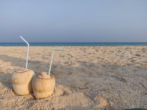 Coconuts with Straws on a Beach