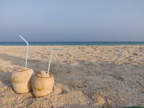 Free Two coconuts with straws on a sandy Qatar beach, perfect for summer relaxation. Stock Photo