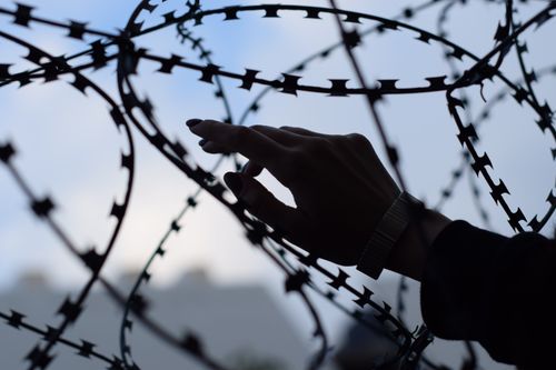 Free Silhouette of a hand reaching out to touch barbed wire against a cloudy sky in St. Petersburg, Russia. Stock Photo