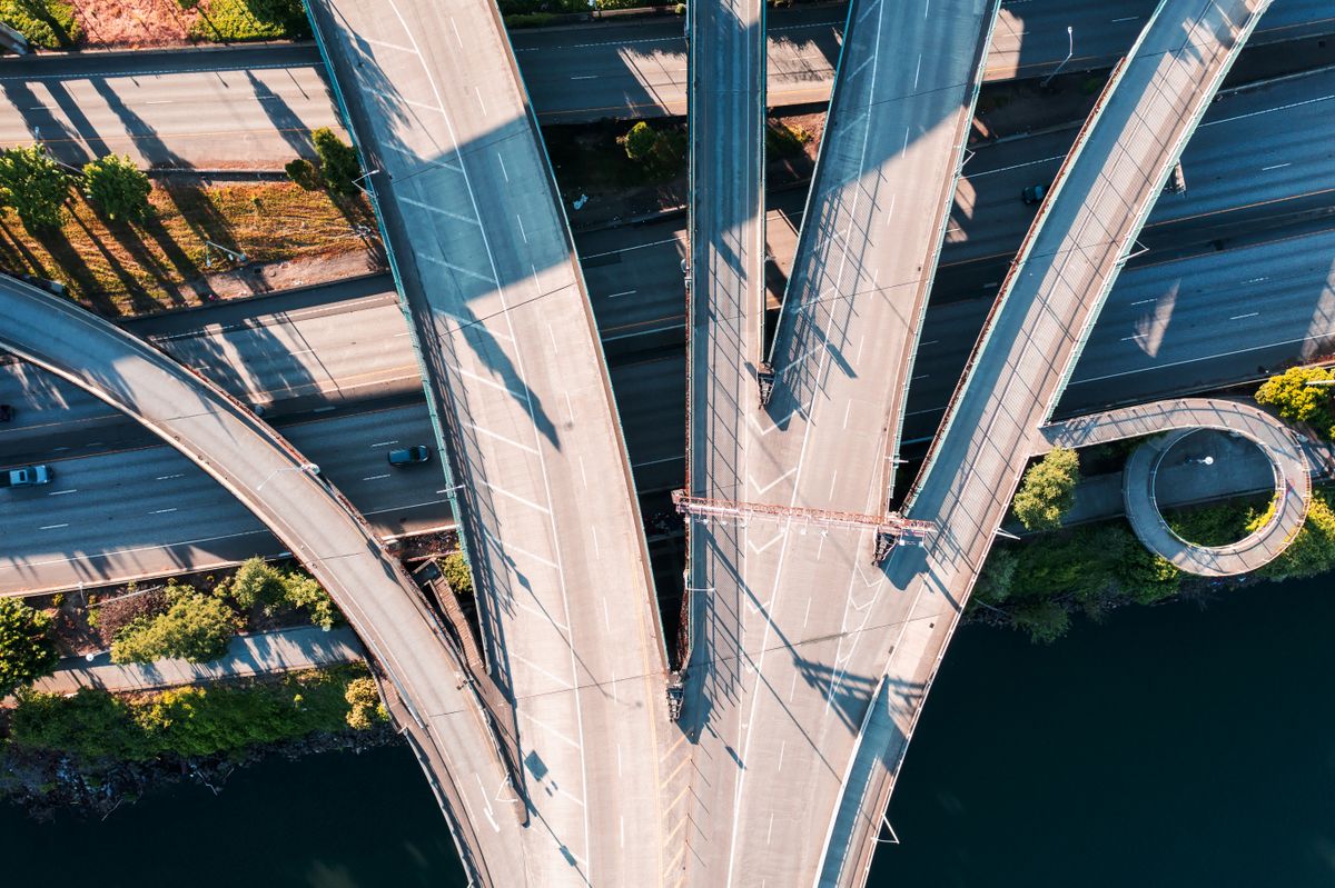 Aerial view of a sprawling highway interchange