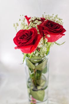 A beautiful arrangement of red roses with delicate white flowers in a clear glass vase, perfect for decor.