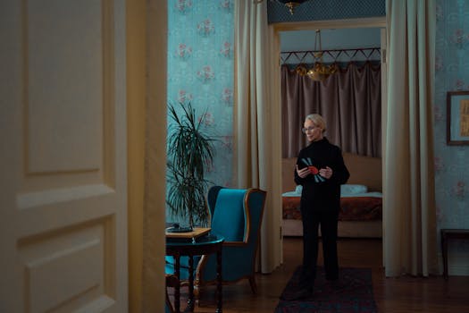 A stylish woman in a classic interior holding a vinyl record, evoking nostalgia and elegance.