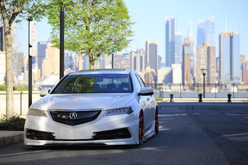 Witte Acura Sedan Op Grijze Asfaltweg In De Buurt Van Groene Boom Overdag