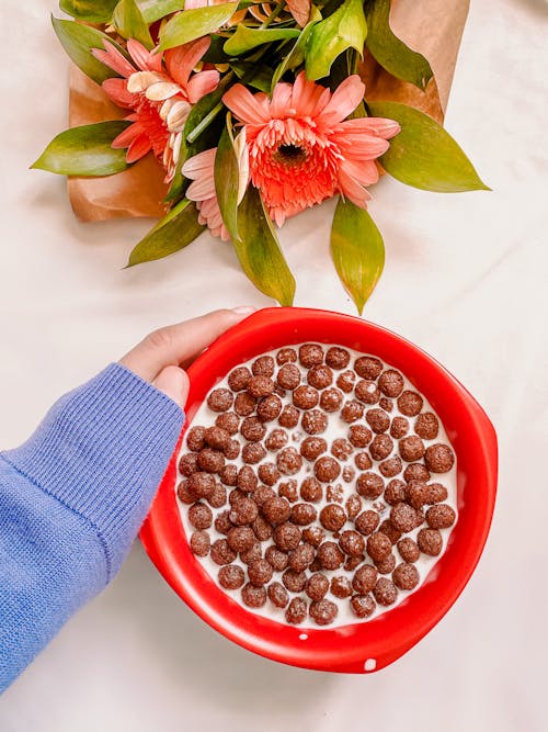 Chocolate Corn Cereal Balls with Milk in Red Bowl