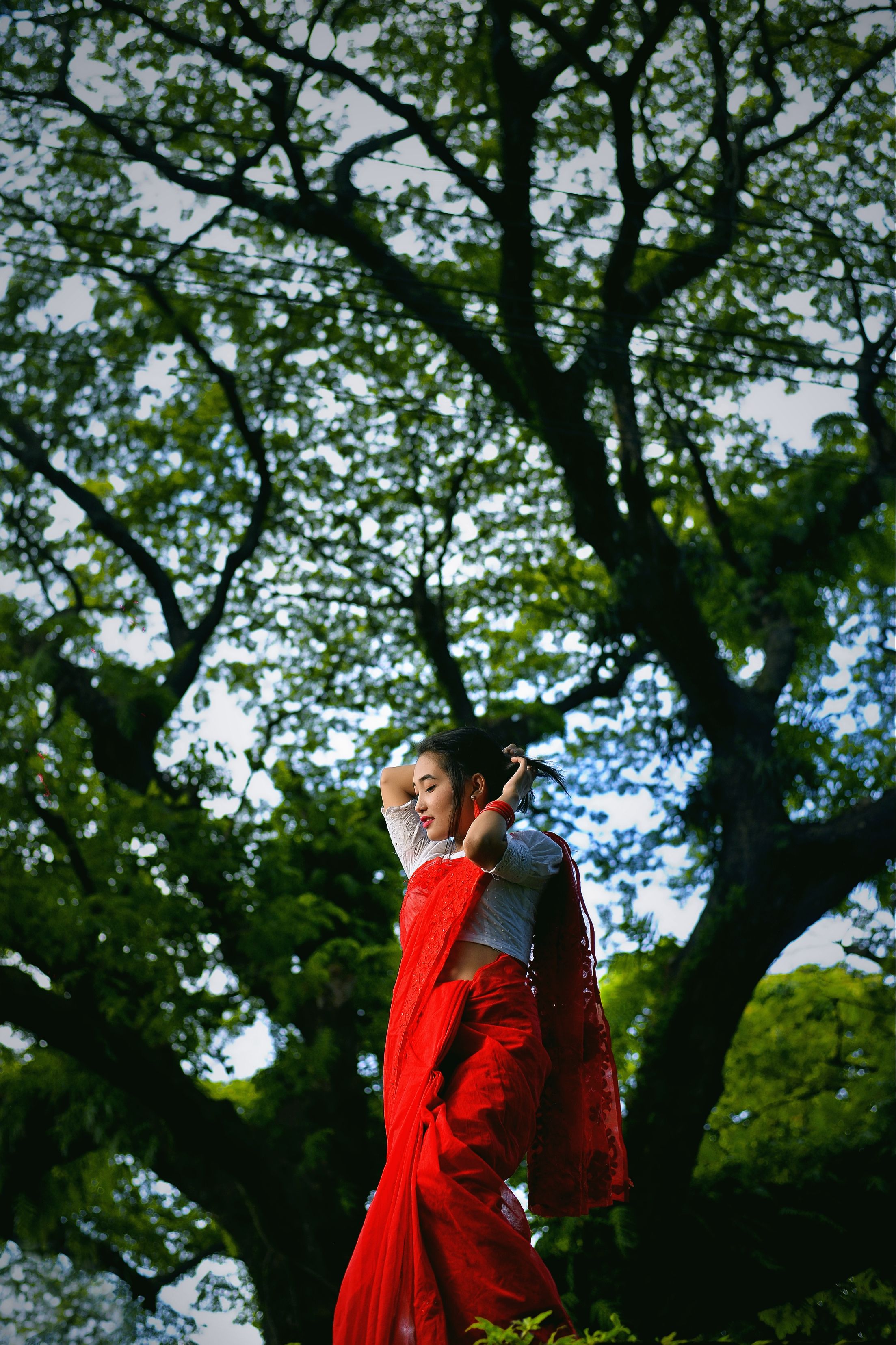 Woman in Red Traditional Dress Standing Under a Green Tree · Free Stock ...