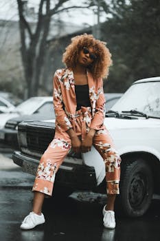 一位身着花卉套装的时尚女性在城市的老爷车旁摆出时尚姿势