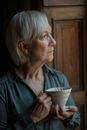 Woman in Black Leather Jacket Holding White Ceramic Cup