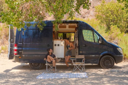 A couple enjoying their travel lifestyle, relaxing by a parked camper van in a sunny outdoor setting.