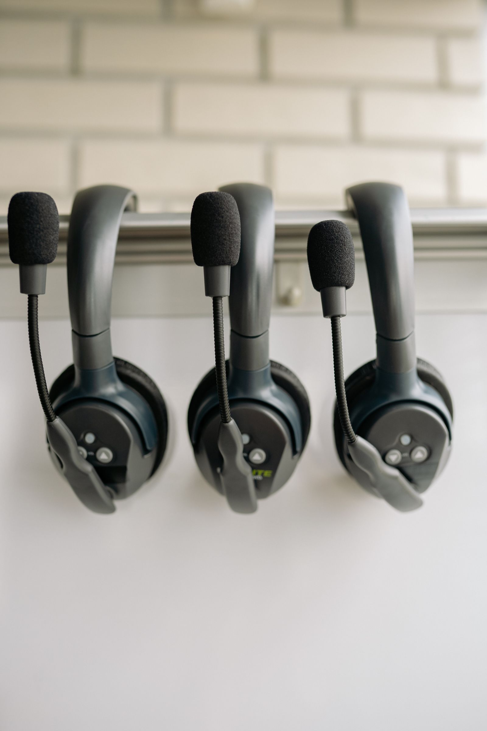 Conference interpreter headsets ready for a session